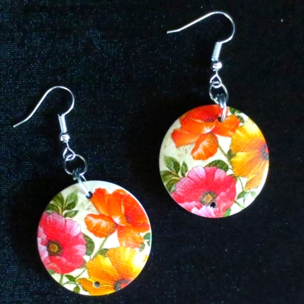 Hand Crafted Pierced Earrings Orange Gold and Pink Poppy Flowers Boho Print Wood